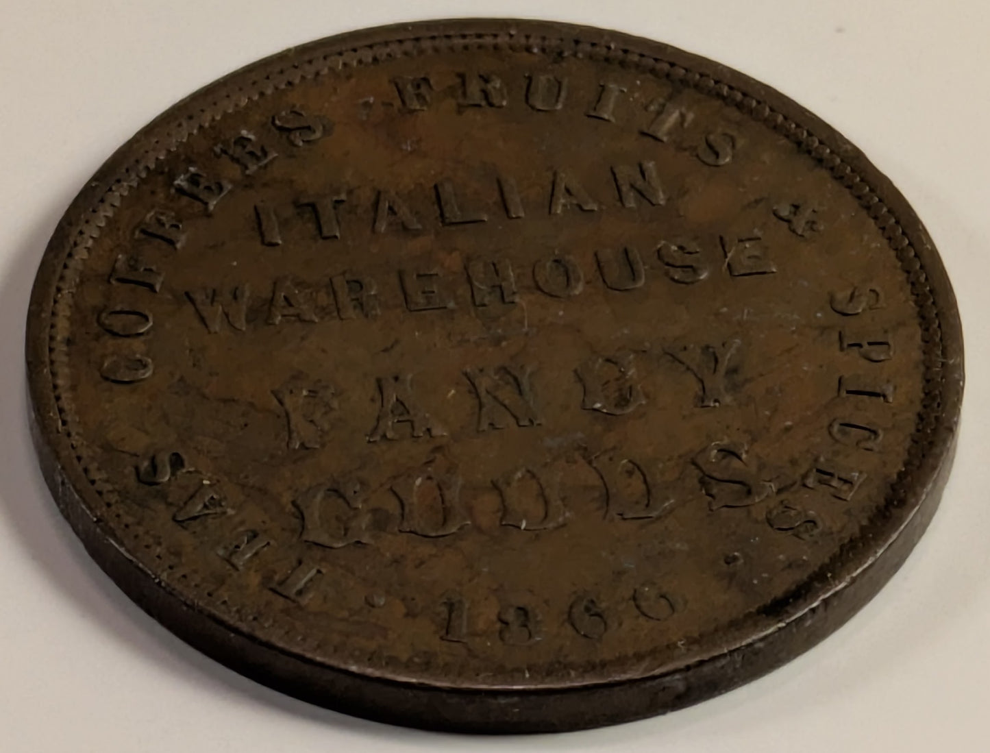 NEW ZEALAND, Christchurch, Alliance Tea Company ~ 1866 ~ Penny Token ~ Legend, Y of "Company" level with D of "New Zealand", Type 1 ~ Legend ~ KM-Tn.1, A-7, Ren-13 ~ VF