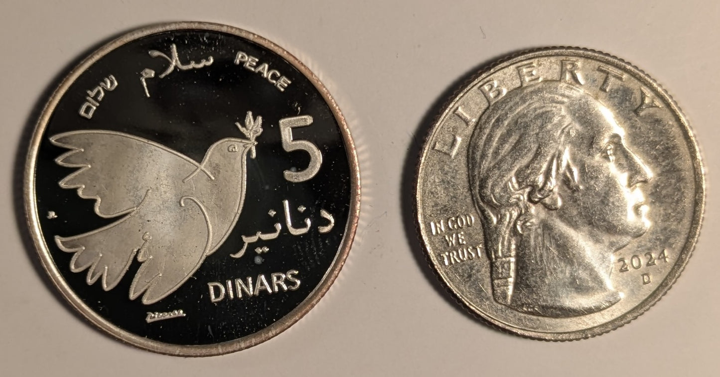 PALESTINE, “Palestinian Authority” ~ 2010/AH 1431 ~ 5 Dinars Silver Pattern ~ Dove of Peace by Pablo Picasso, “Peace” in Eng., “Shalom” in Hebrew, “Salaam” in Arabic ~ Eagle. Only 750 pieces struck in Proof by Patrick Mint ~ Proof