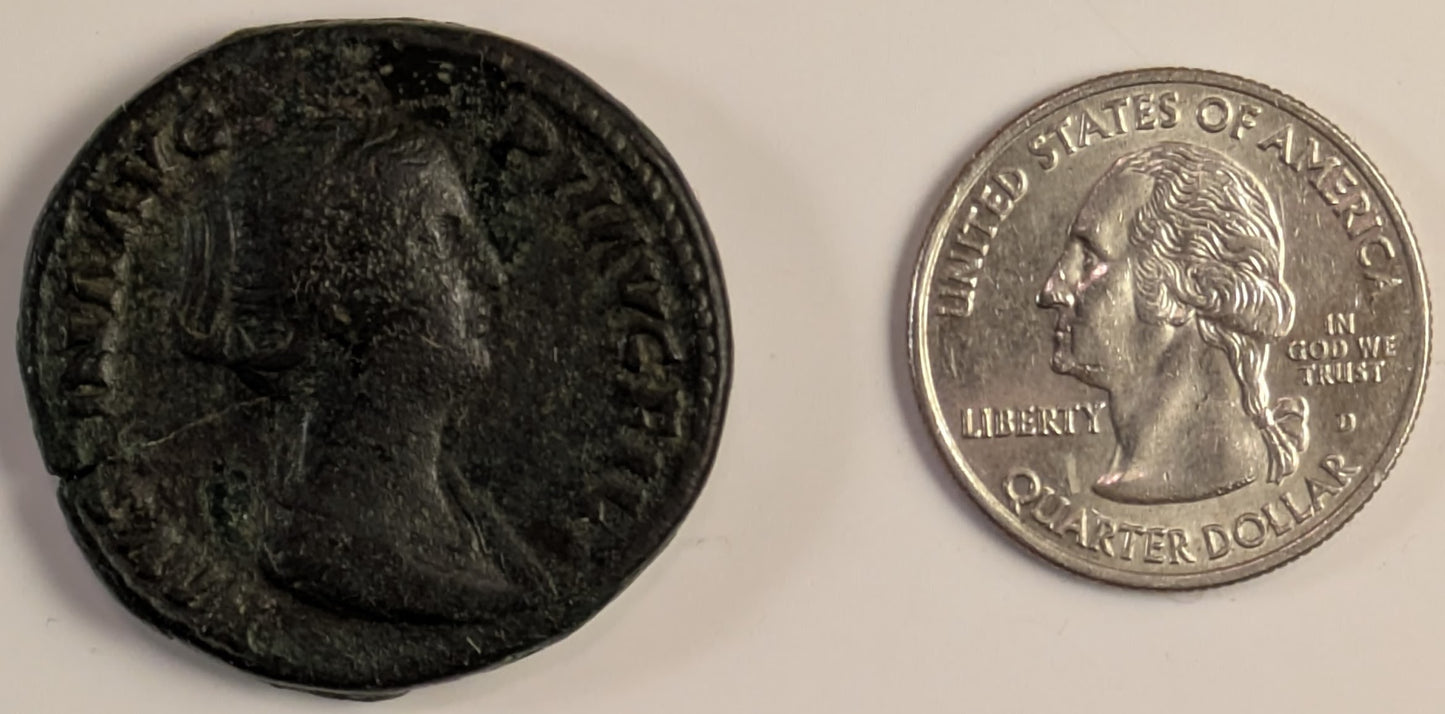 ROME, Faustina Jr., daughter of Antoninus Pius (154-156 AD) ~ AE Sestertius (27.14g) ~ Draped bust right FAVSTINA AVG PII AVG FIL ~ Diana standing left, holding arrow and bow, S-C to either side ~ RIC-1383, SR-4717 ~ F-VF, green-brown patina. Light.