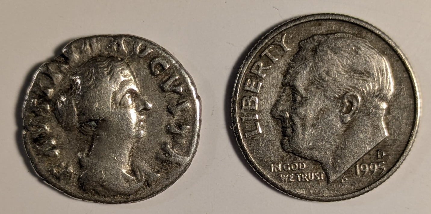 ROME, Faustina Jr., wife of Marcus Aurelius ~ Died 175-176 AD ~ Silver Denarius (3.15g) ~ Draped bust rt FAVSTINA AVGVSTA ~ Fecunditas standing between 2 children, holding 2 more in arms FECVND AVGVSTAE ~ RIC-676, RSC-95, SR-5251 ~ Fine+, Popular type