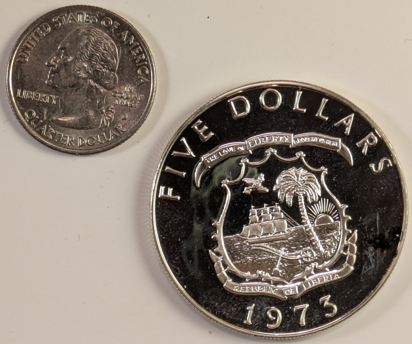 LIBERIA, Republic ~ 1973 ~ 5 Dollars ~ Elephant standing 3/4 right ~ Y-18, KM-29 ~ Ch. BU