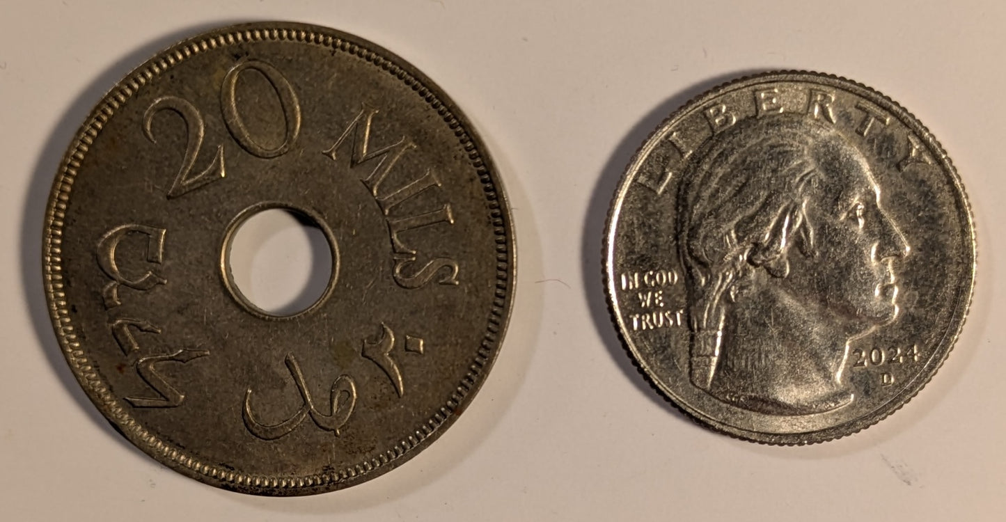 PALESTINE, British Mandate ~ 1927 ~ 20 Mils ~ All 20 Mils are hard to find this nice ~ 1st year of type ~ Y-5, KM-5 ~ Unc., a few marks