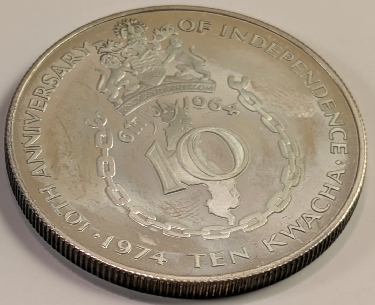 MALAWI, Republic (formerly Nyasaland) ~ 1974 ~ 10 Dwacha ~ Bust right. 10th Anniversary of Independence ~ Silver Crown ~ Y-13, KM-13 ~ Proof