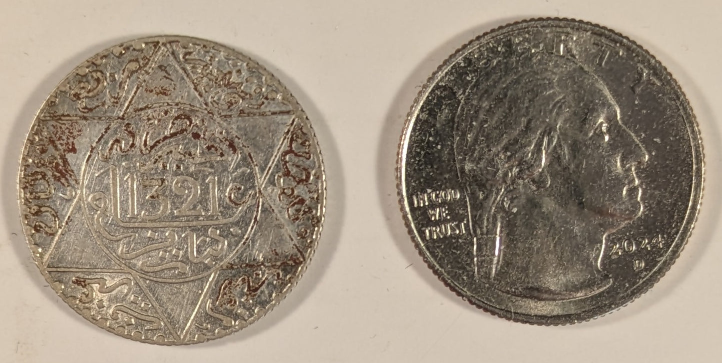 MOROCCO, ‘Abd al-Aziz ~ 1321 Pa ~ 2 1/2 Dirhams (1/4 Rial) ~ Key date! ~ Y-20.3, Lec-153 ~ VF