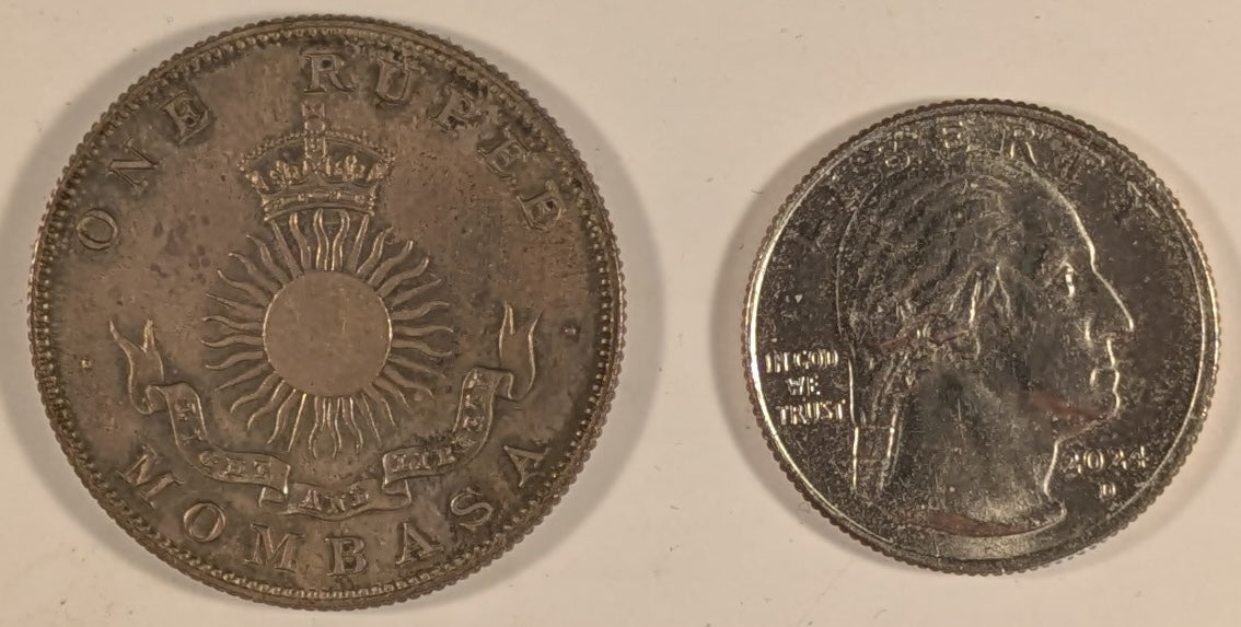 MOMBASA, British Colony ~ 1888-H ~ 1 Rupee ~ Scales above mint mark and date ~ Crown above radiant sun. Struck at Heaton Mint in Birmingham, England ~ Y-5, KM-5 ~ Ch. toned Proof or Specimen