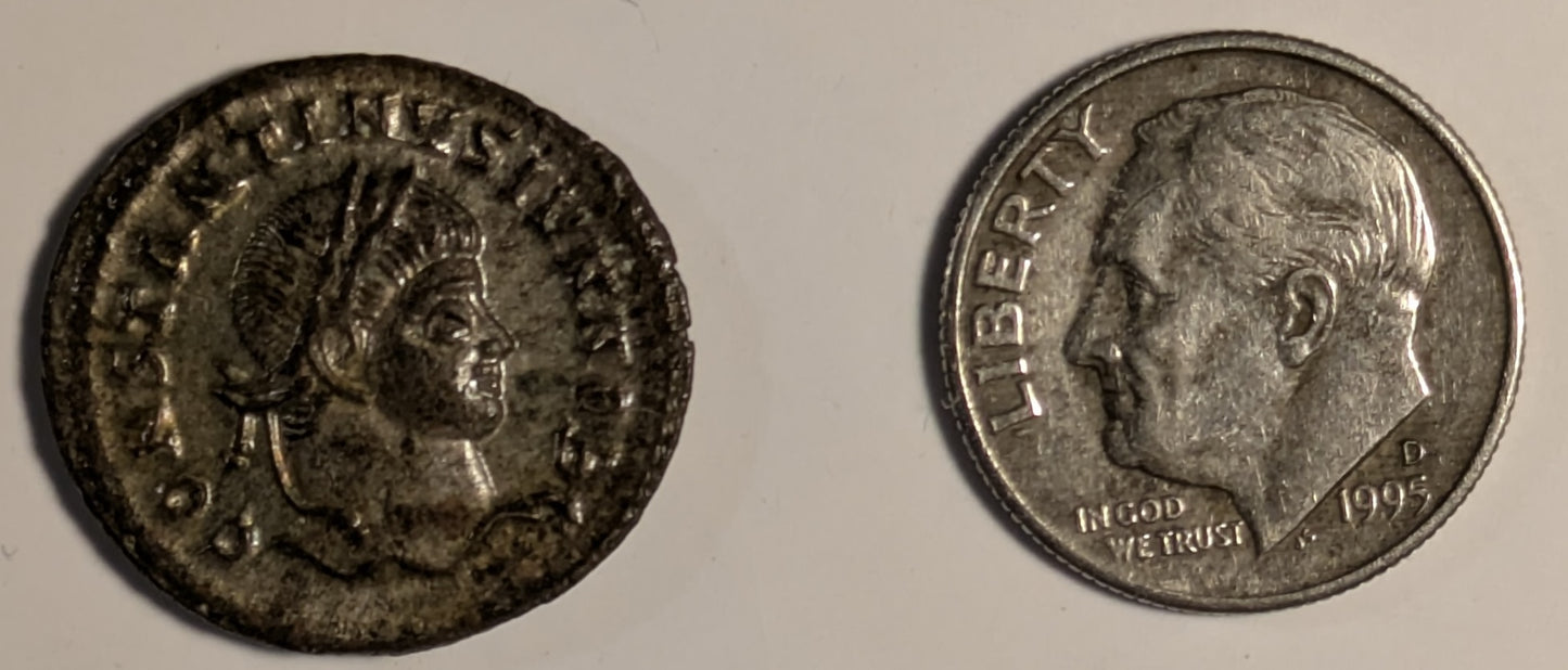 ROMAN EMPIRE, Constantine II 337-340. As Caesar ~ 317-337 (321-325) ~ Silvered Centenionalis (3.28g) ~ Laureate head rt. CONSTANTINVS IVN NOB C ~ CAESARVM NOSTRORVM, VOT X, ΓSIS & radiate sun below. Siscia mint ~ SR-17194, RIC-7, 182; Ch. toned EF