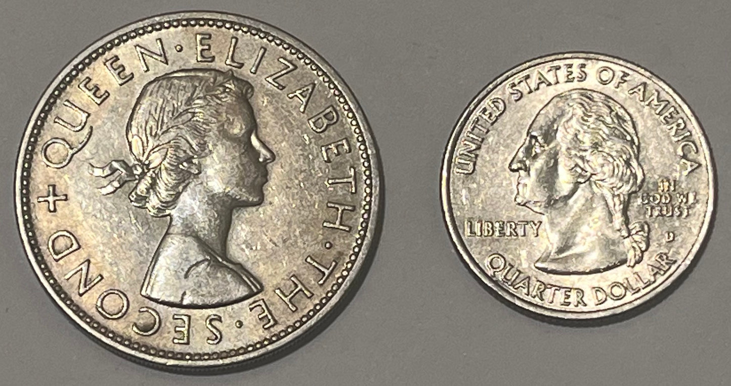 RHODESIA & NYASALAND, Federation ~ 1956 ~ 1/2 Crown ~ Queen Elizabeth II right ~ Coat of arms of R&N ~ Y-7, KM-7 ~ EF