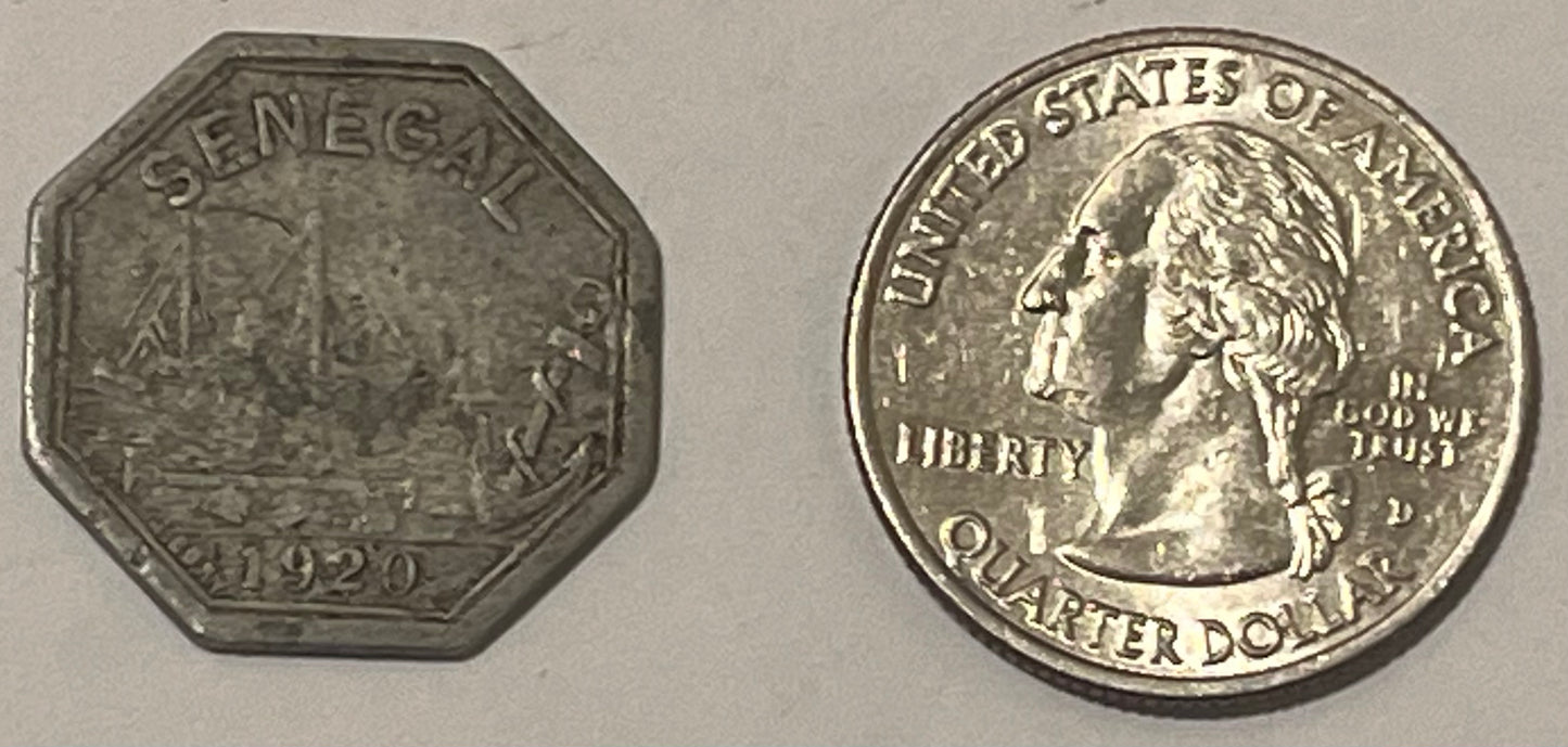 SENEGAL, Rufisque ~ 1920 ~ 10 centimes ~ 22mm Aluminum token ~ Sailing Ship. Chamber of Commerce issue ~ Octagonal by J. Bory ~ KM TN-13, Lec-10 ~ Fine