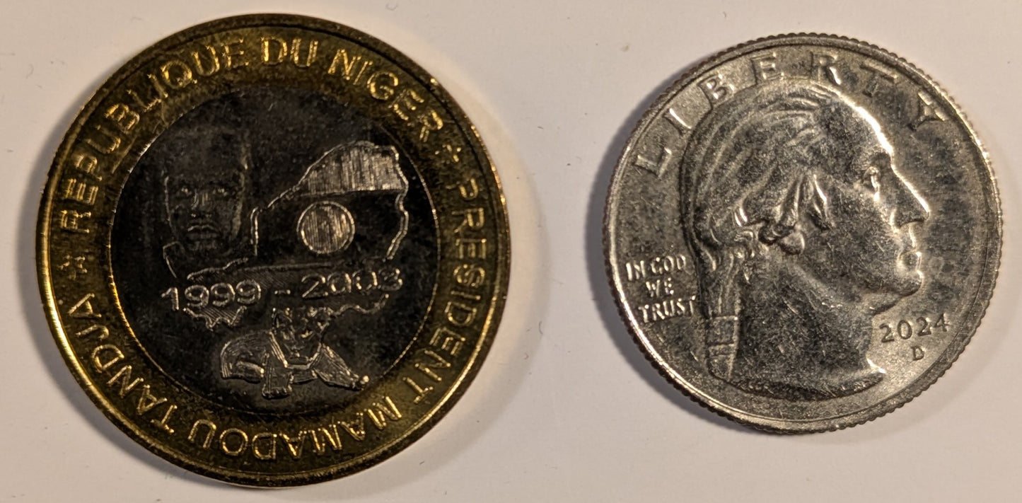 NIGER, West African States ~ 2003 ~ 6000 CFA Francs ~ Bimetallic ~ President Mamadou Tanja ~ Elephant, Map of Africa ~ Low mintage ~ KM-14 ~ BU