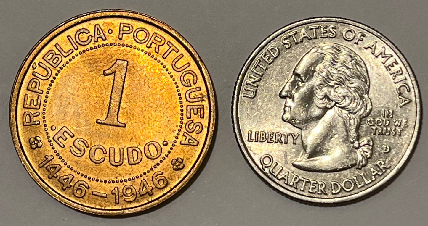 PORTUGUESE GUINEA, One year type ~ 1946 ~ 1 Escudo ~ 500th anniversary of the discovery of Portuguese Guinea ~ Y-7, KM-7 ~ Gem virtually full red BU