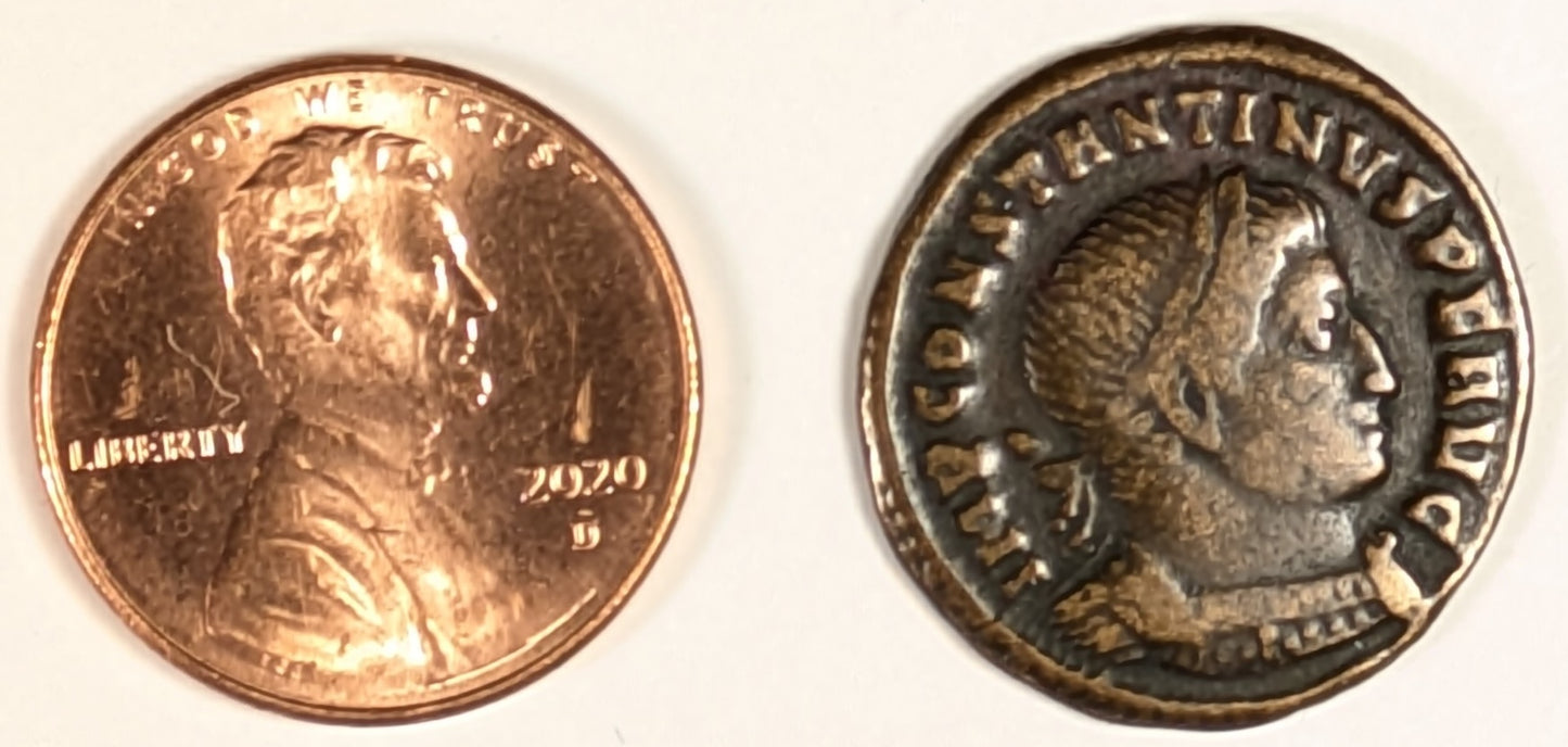 ROME, Constantine I, the Great ~ 307-337 (314-15) ~ Æ Follis 21mm (3.05g) ~ Laureate bust right ~ Sold standing left holding globe in l. hand, & raising r., star in left field P•T in ex. Ticinum ~ SR-16087, C-356 ~ F/VF