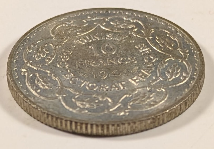 TUNISIA, French Protectorate with Muh’d ~ al-Amin Bey. 1364/1944 ~ 10 Francs ~ Rare two year type ~ Y-55a, KM-269, Lec-341 ~ Ch. BU, lightly toned