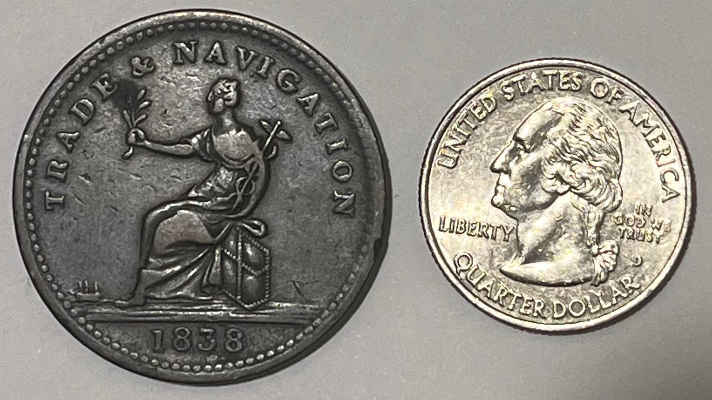 BRITISH GUIANA, Private Token Coinage ~ 1838 ~ Stiver ~ female seated on bale of hay left. Issued by Mr. Balgarmie a dry goods merchant ~ PURE COPPER PREFERABLE TO PAPER around 1 STIVER ~ KM-TN1, Pridore-60, Rulau ~ F-VF