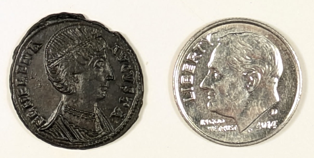 ROMAN EMPIRE, Helena, mother of Constantine ~ Died 329 ~ Æ3 (2.75g) Centonionalis ~ Diademed, draped bust right FL HELENA AVGVSTA ~ Security stg left w branch in r hand wreath in l. field II in r, SMALL dot, ALEXANDRIA mint ~ RIC-53, SR-16632 ~ Ch. E