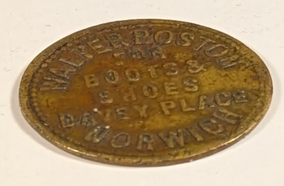 GREAT BRITAIN, Norfolk, Norwich ~ ND (19th c.) ~ AE 21mm Advertising token ~ "Walter Boston Davey Place Norwich" around bust of Queen Victoria left ~ "Walter Boston for Shoes Boots Davey Place Norwich" ~ VF