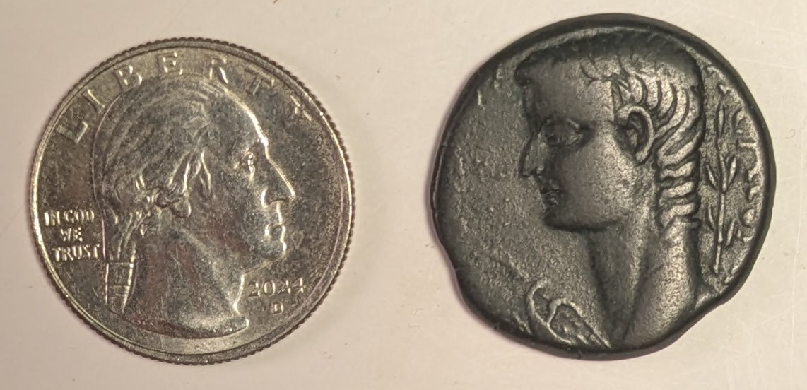 NORTH AFRICA, Syrtica: OEA ~ Tiberius. 14-37 AD ~ Æ26 (11.35g) ~ Bare head of Tiberius left, eagle in front, palm branch behind head ~ Head of Apollo right, lyre at neck, punic letters behind ~ SNG Cop-31, RPC-832 ~ aVF