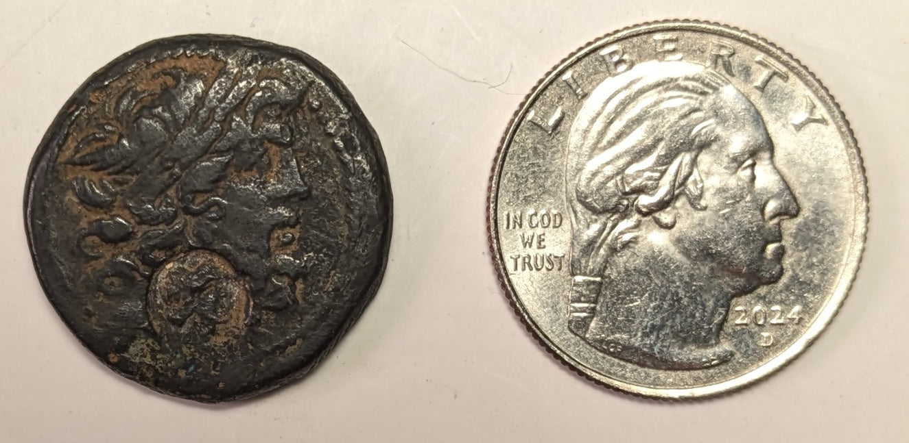 SYRIA, Seleucis & Pieria. Antioch ~ Pseudo-autonomous. 1st century BC ~ Æ Tetrachalkon (23.5mm, 11.07g) ~ Laureate head of Zeus right ~ c/m: head of Cleopatra VII(?) right within oval incuse ~ Zeus Nikephoros seated left ~ VF/aF