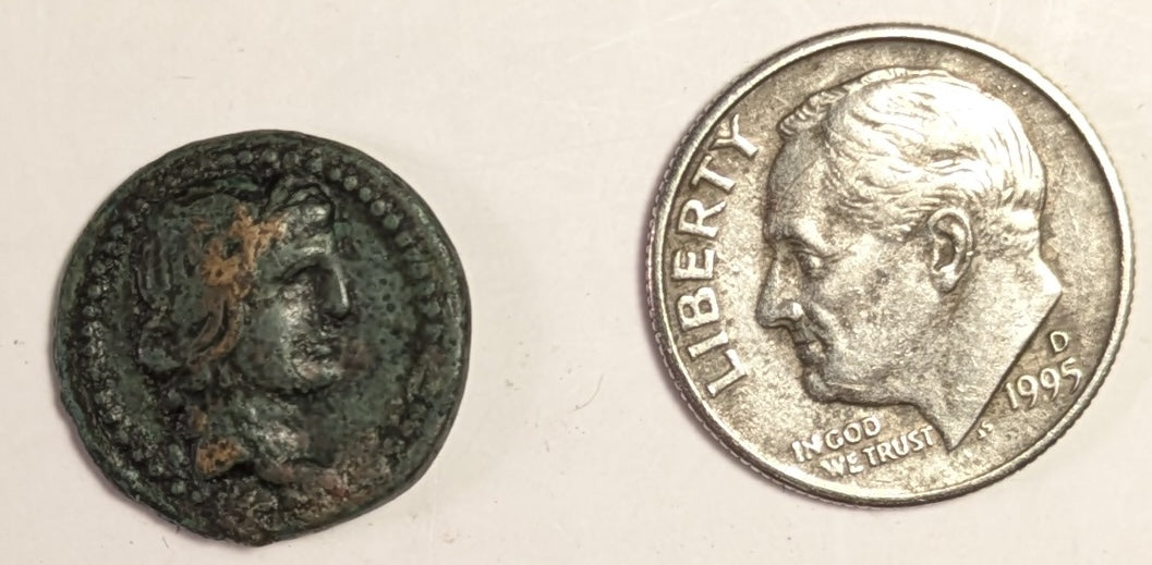 MYSIA, Cyzicus ~ 2nd-1st Cent. AD ~ Æ16 (2.54g) ~ Head of Kore Soteria right ~ Lyre KYZI around. This is the Lindgren plate coins and is from the Roger Liles collection ~ Lind-226, BMC-172 ~ VF, green patina, slightly porous