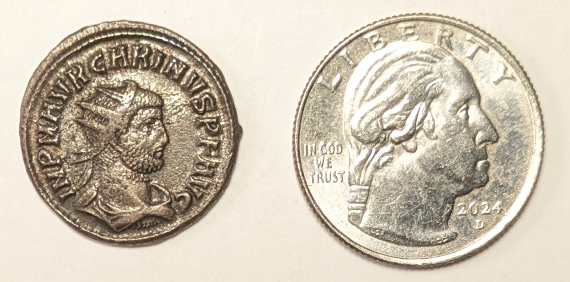 ROME, Carinus, as Augustus ~ 283-285 AD (284) ~ Silvered Antoninianus (4.14g, 21 mm) ~ Radiate bust right IMP M AVR CARINVS PF AVG. Cyzicus mint ~ Carinus receiving Victory from Jupiter CLEMENTIA TEMP, Γ twixt, XXI in ex ~ SR-12342, RIC-324 ~ GVF
