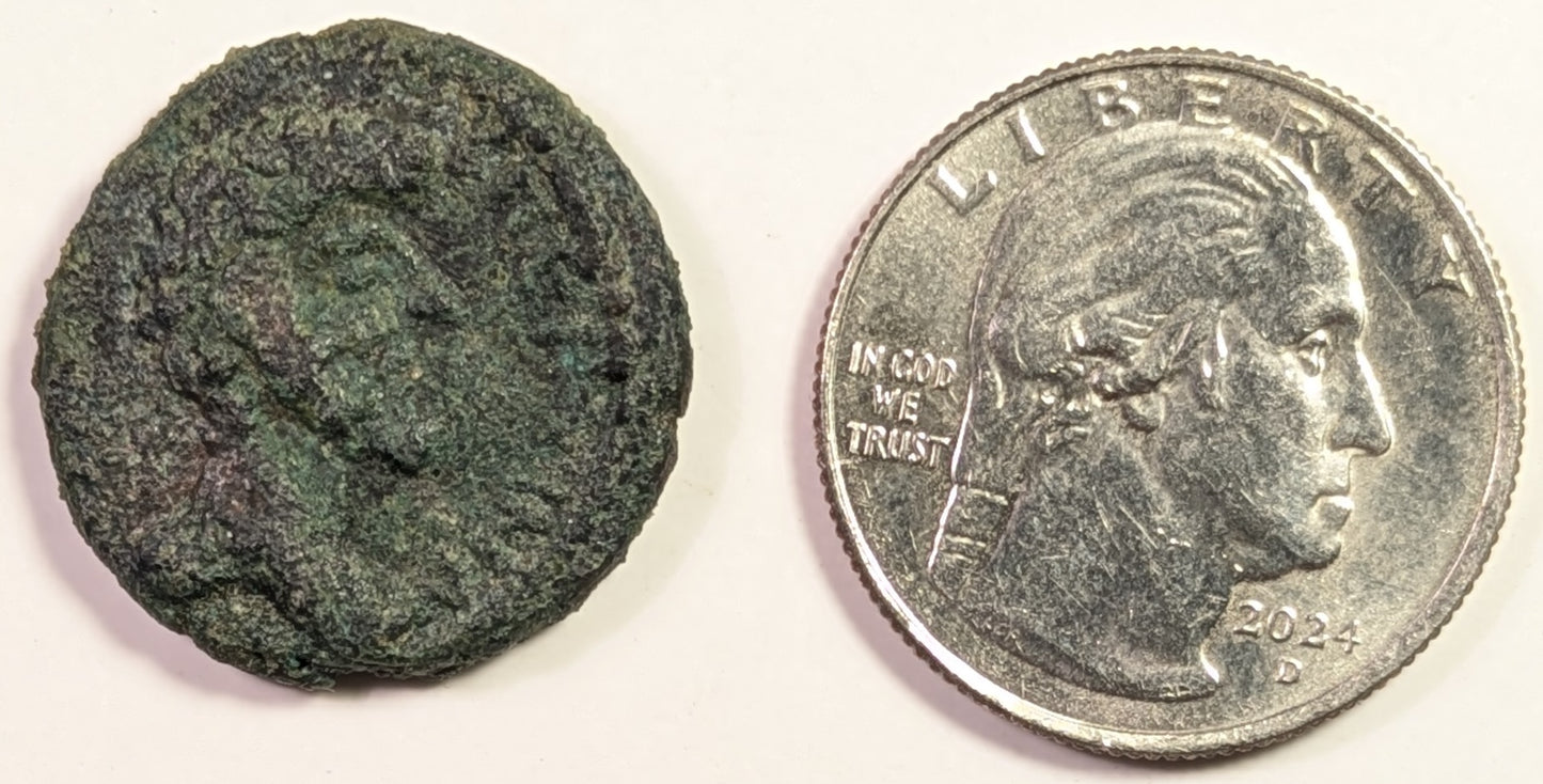 JUDAEA, Gaza, Septemius Severus ~ 193-211 ~ Æ22.5, (8.87g) ~ His bust right ~ Io and city-goddess ~ Ros-138 ~ aVF, deep green patina