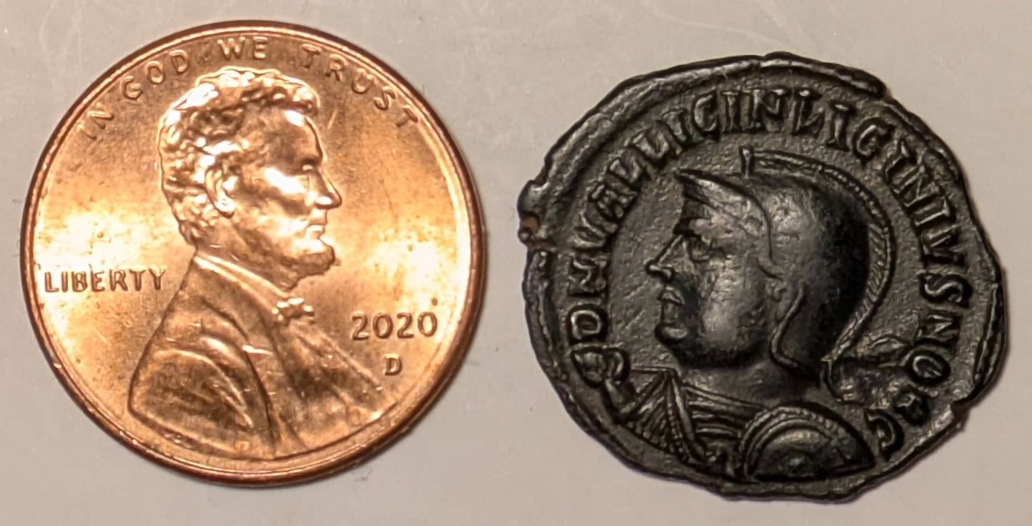 ROME, Licinius II, as Caesar (318-324) ~ 317-324 ~ AE Follis, 21 mm, 2.79g ~ Helmeted & cuir bust left, holding spear and shield DN VAL LICIN LICINIVS NOB C ~ Victory standing left, holding victory and scepter, eagle at feet to left, captive at right