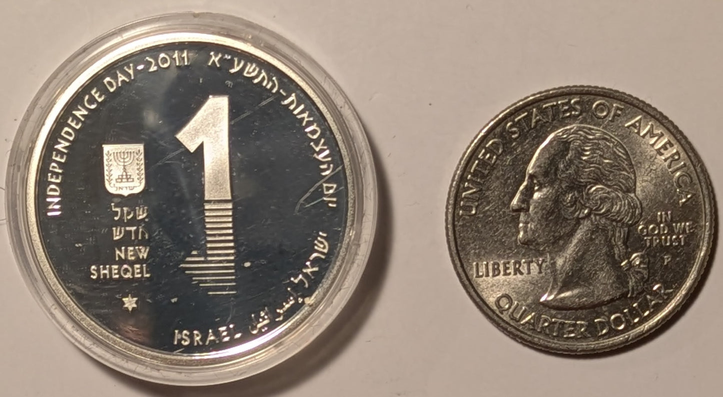 ISRAEL, 63rd Anniversary Coin ~ 2011/5771 ~ 1 New Sheqel ~ Ibex standing in front of Dead Sea ~ KM-481, A-54 ~ Choice Proof-like