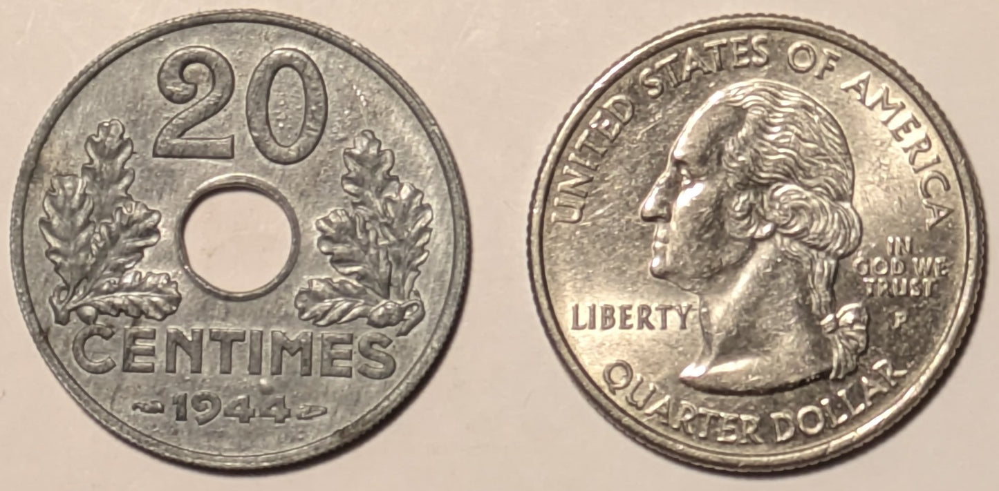 FRANCE, German Occupation (Vichy) ~ 1944 ~ Zinc 20 Centimes ~ World War II issue ~ KM-900.2, Y-V92 ~ Unc
