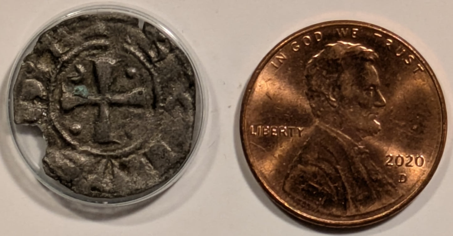 CRUSADERS, Cyprus, Hugh I ~ 1205-1218 ~ Bi Denier (.53g) ~ Cross, crescents and pellets in 1st & 4th quarters, pellets in 2nd and 3rd ~ Gateway with three battlements and door ~ CCS-12 ~ aVF, small chip