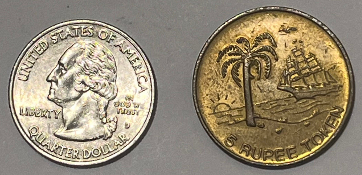 MAURITIUS, ND ~ 5 Rupee token AE26 ~ Sun International ~ Palm tree, sail boat ~ TC-253250 (2R), TC-180809 (10R), 5 Rupee unlisted