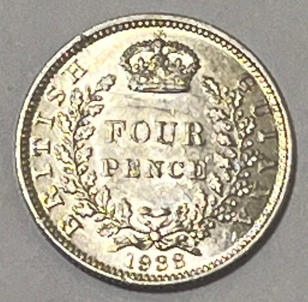 BRITISH GUIANA (GUYANA) ~ 1938 ~ 4 Pence ~ George VI ~ Crowned denomination within wreath ~ Key date ~ 30,000 minted ~ High grade
