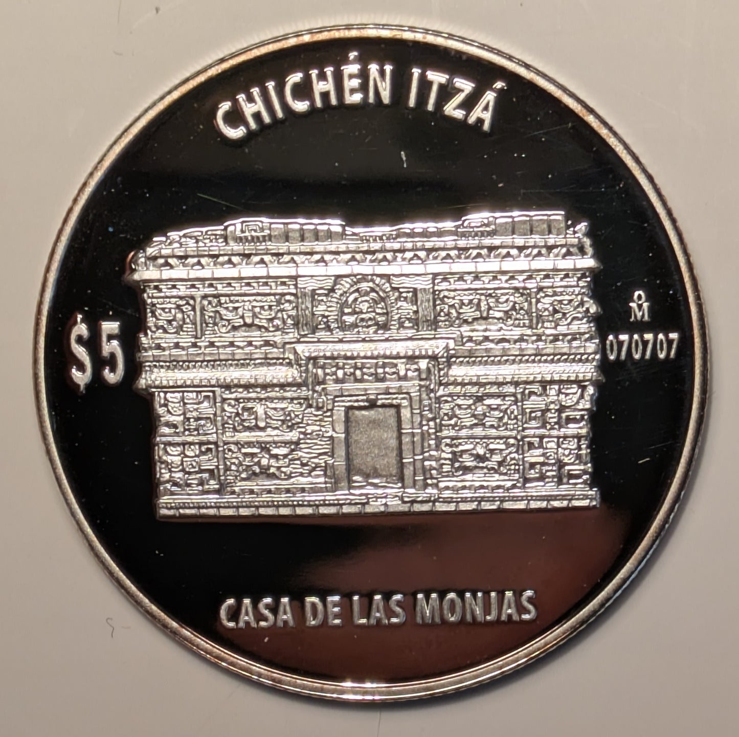 MEXICO, Mexico ~ Chichén Itzá Series ~ Casa De Las Monjas (The Nunnery) ~ 5 Pesos ~ Non-Circulating ~ Proof ~ Seven Wonders of the World commemorative ~ KM-945