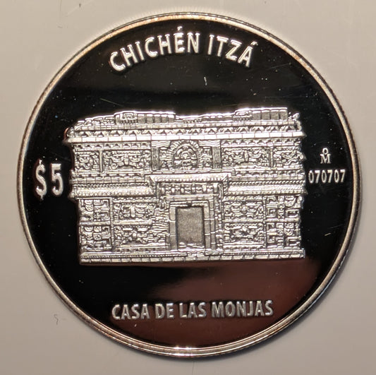 MEXICO, Mexico ~ Chichén Itzá Series ~ Casa De Las Monjas (The Nunnery) ~ 5 Pesos ~ Non-Circulating ~ Proof ~ Seven Wonders of the World commemorative ~ KM-945