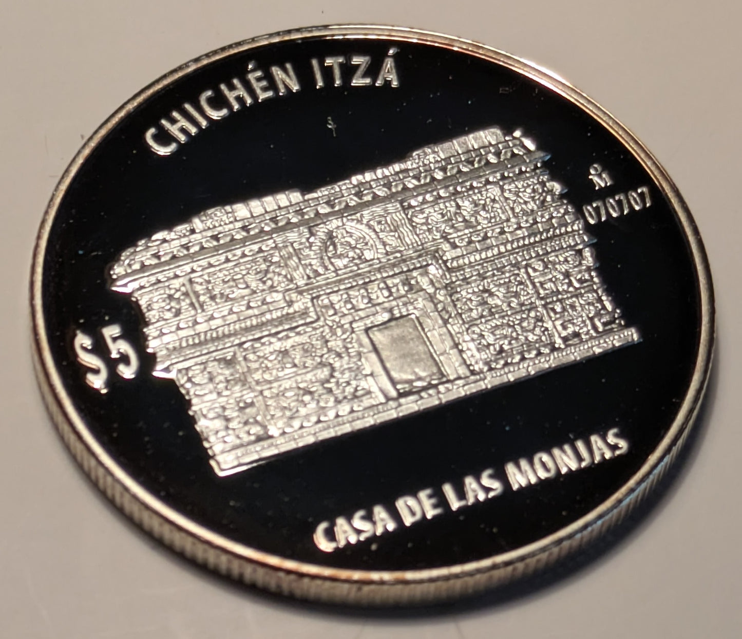 MEXICO, Mexico ~ Chichén Itzá Series ~ Casa De Las Monjas (The Nunnery) ~ 5 Pesos ~ Non-Circulating ~ Proof ~ Seven Wonders of the World commemorative ~ KM-945