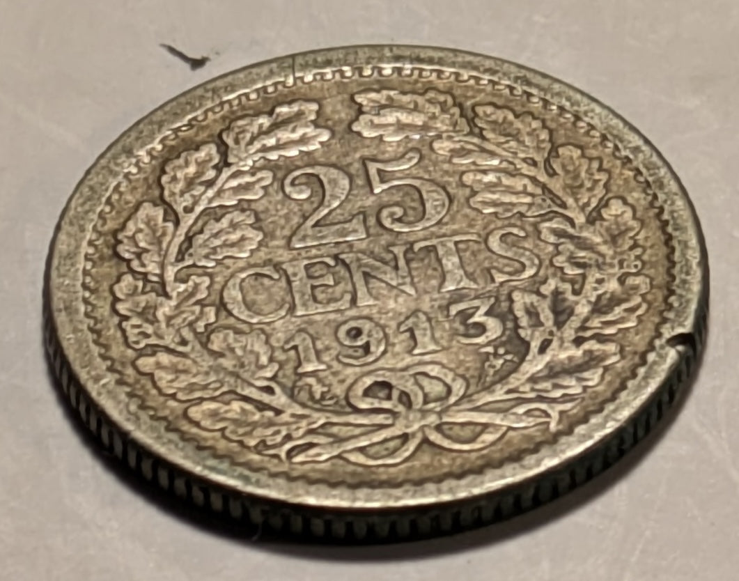 NETHERLANDS, Wilhelmina ~ 1913 ~ 25 cents ~ 3rd coinage, mature head ~ Y-40, KM-146 ~ Fine