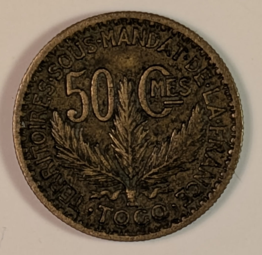 TOGO, French Mandate, League of Nations ~ 1925 ~ 50 Centimes ~ 3 year type ~ Aluminum-Bronze ~ Y-1, KM-1 ~ VF