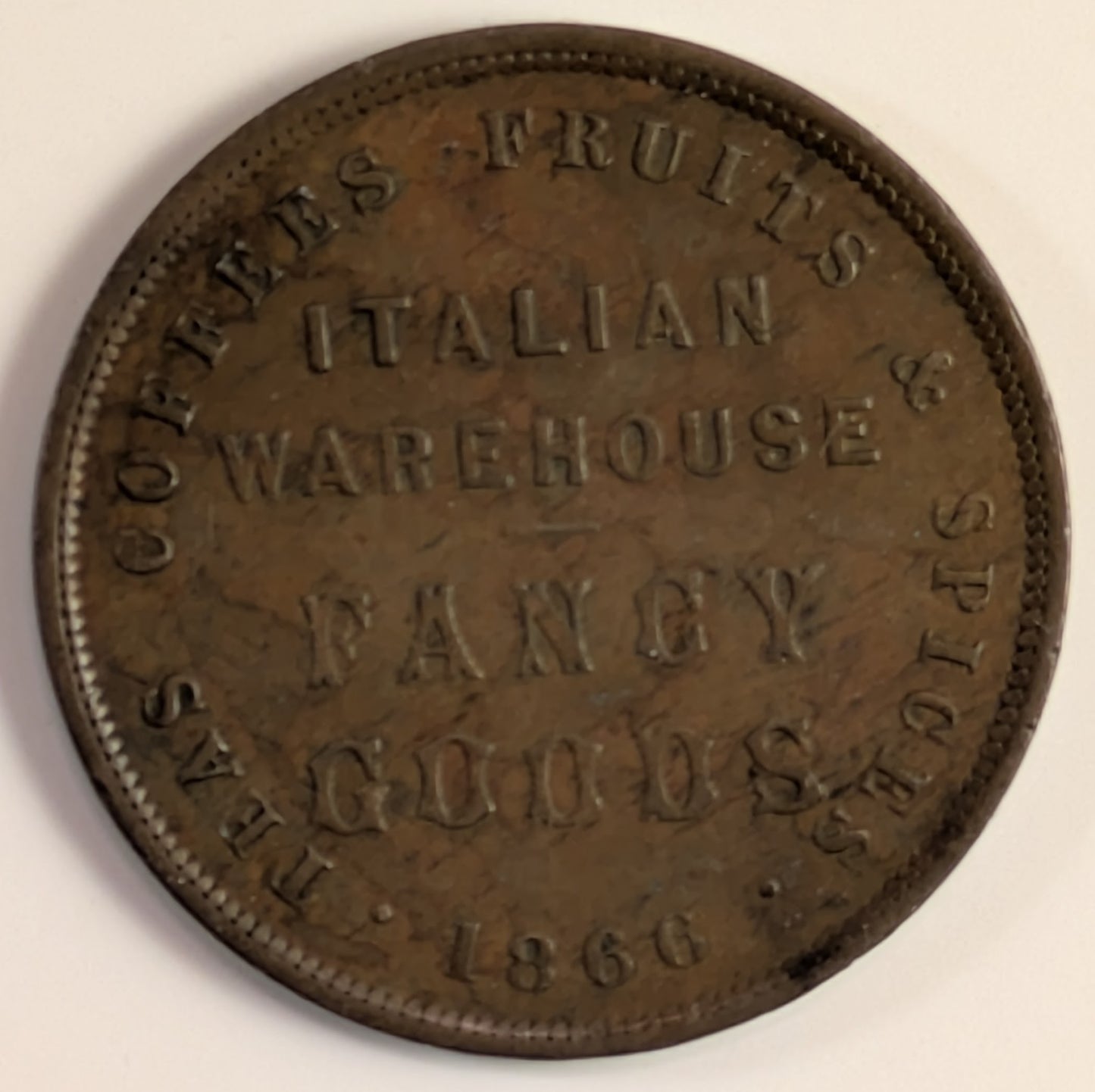 NEW ZEALAND, Christchurch, Alliance Tea Company ~ 1866 ~ Penny Token ~ Legend, Y of "Company" level with D of "New Zealand", Type 1 ~ Legend ~ KM-Tn.1, A-7, Ren-13 ~ VF