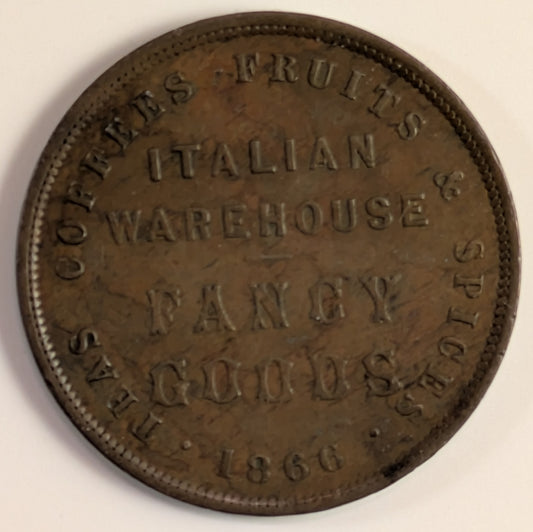 NEW ZEALAND, Christchurch, Alliance Tea Company ~ 1866 ~ Penny Token ~ Legend, Y of "Company" level with D of "New Zealand", Type 1 ~ Legend ~ KM-Tn.1, A-7, Ren-13 ~ VF