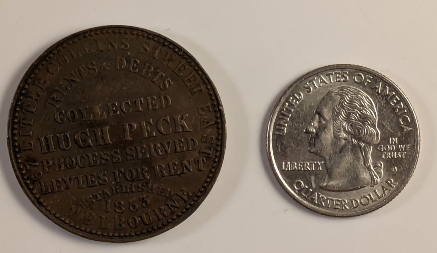 AUSTRALIA, Melbourne, Hugh Peck ~ ND ~ Penny Token ~ Long legends both sides ~ The rarer of two varieties ~ Ren-423, A-433, KM-Tn109 ~ VF, but small dent in center of obverse