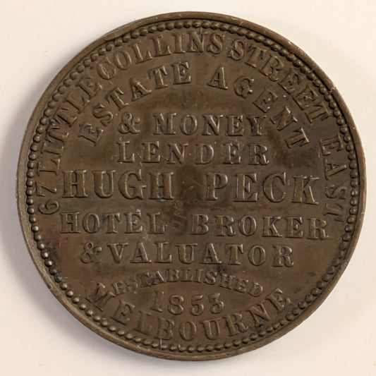 AUSTRALIA, Melbourne, Hugh Peck ~ ND ~ Penny Token ~ Long legends both sides ~ The rarer of two varieties ~ Ren-423, A-433, KM-Tn109 ~ VF, but small dent in center of obverse
