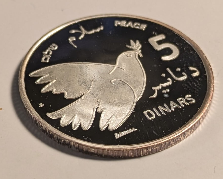 PALESTINE, “Palestinian Authority” ~ 2010/AH 1431 ~ 5 Dinars Silver Pattern ~ Dove of Peace by Pablo Picasso, “Peace” in Eng., “Shalom” in Hebrew, “Salaam” in Arabic ~ Eagle. Only 750 pieces struck in Proof by Patrick Mint ~ Proof