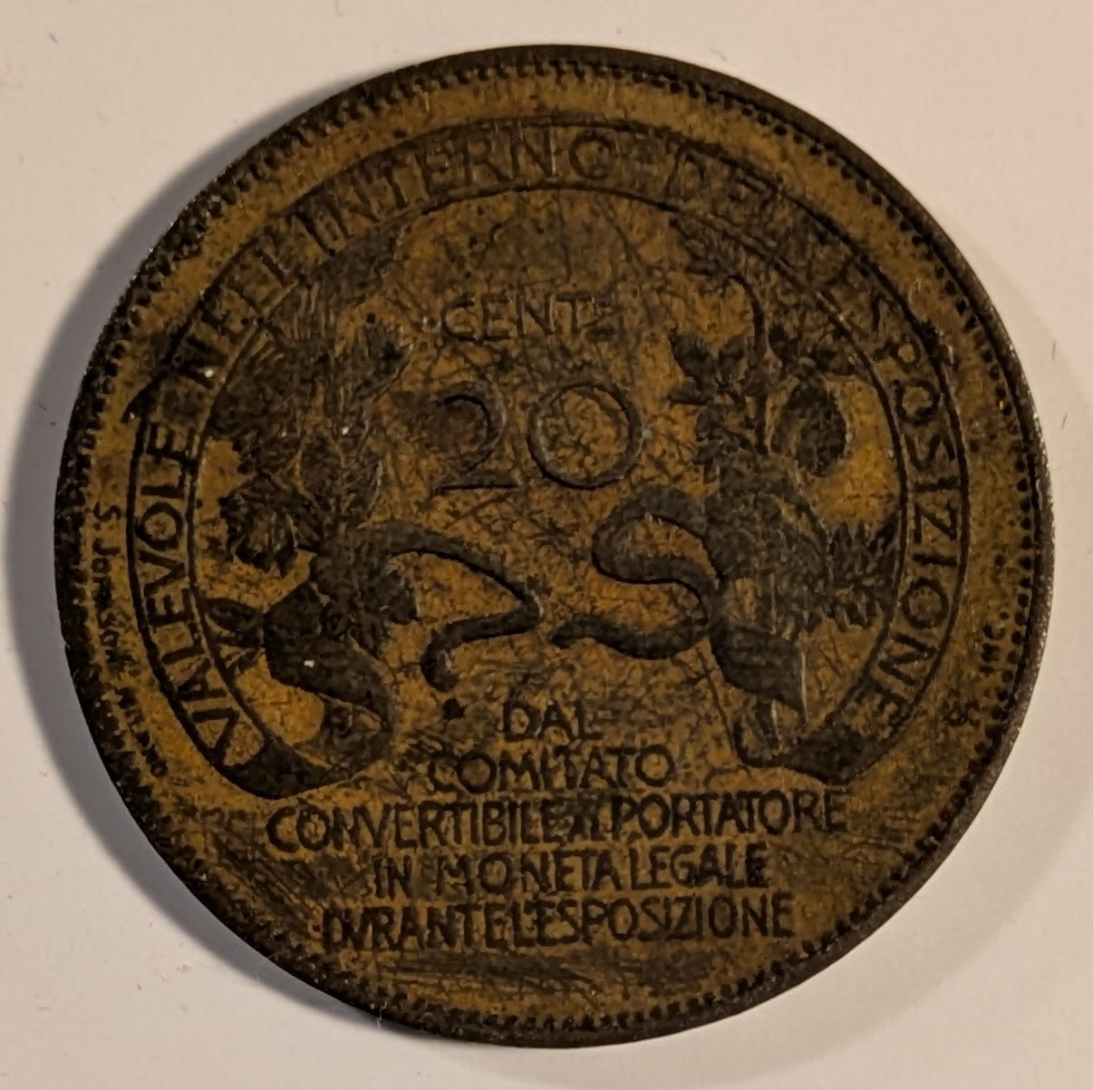 ITALY, Milan International Exposition ~ 1906 ~ 20 Centimes, AE 29mm ~ Facing female head ~ "Value inside the expo convertible to legal money for the duration of the expo" ~ VF/VF+