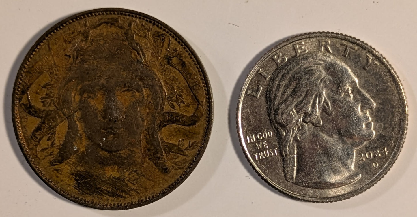 ITALY, Milan International Exposition ~ 1906 ~ 20 Centimes, AE 29mm ~ Facing female head ~ "Value inside the expo convertible to legal money for the duration of the expo" ~ VF/VF+