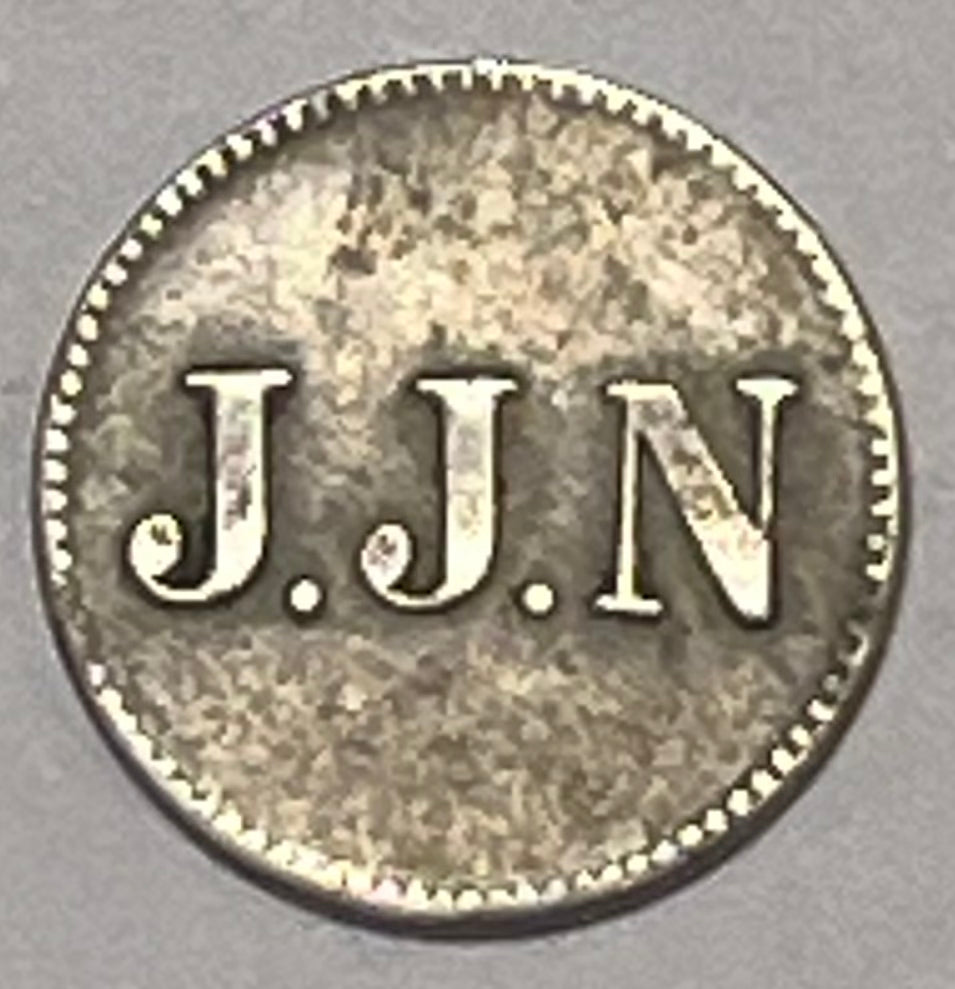 CURACAO, J.J. Naer Co. ~ c. 1880 ~ 1 Stuiver token ~ "JJN" ~ "1 Stuiver" ~ Sch-1409, KM-Tn-2, Rul Cur ~ GVF