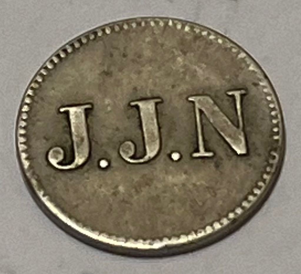 CURACAO, J.J. Naer Co. ~ c. 1880 ~ 1 Stuiver token ~ "JJN" ~ "1 Stuiver" ~ Sch-1409, KM-Tn-2, Rul Cur ~ GVF