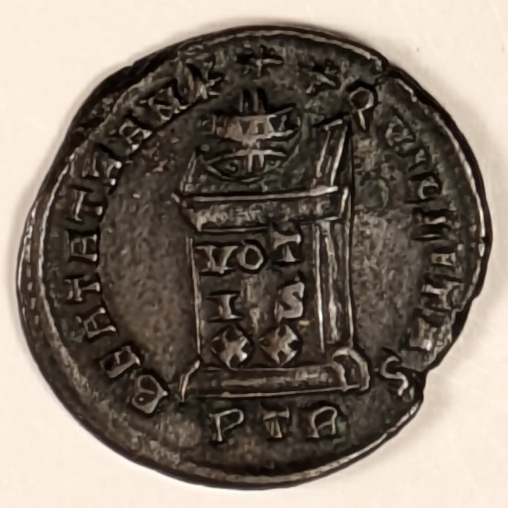 ROME, Constantine the Great ~ 307-337 ~ Æ Centenionalis (2.82g) ~ Laureate bust right, wearing robes & holding eagle tipped scepter ~ Altar inscribed VOT IS XX in 3 lines, globe on top, PTR in ex. Trier mint ~ SR-16174, RIC-7, 305 ~ Gd VF