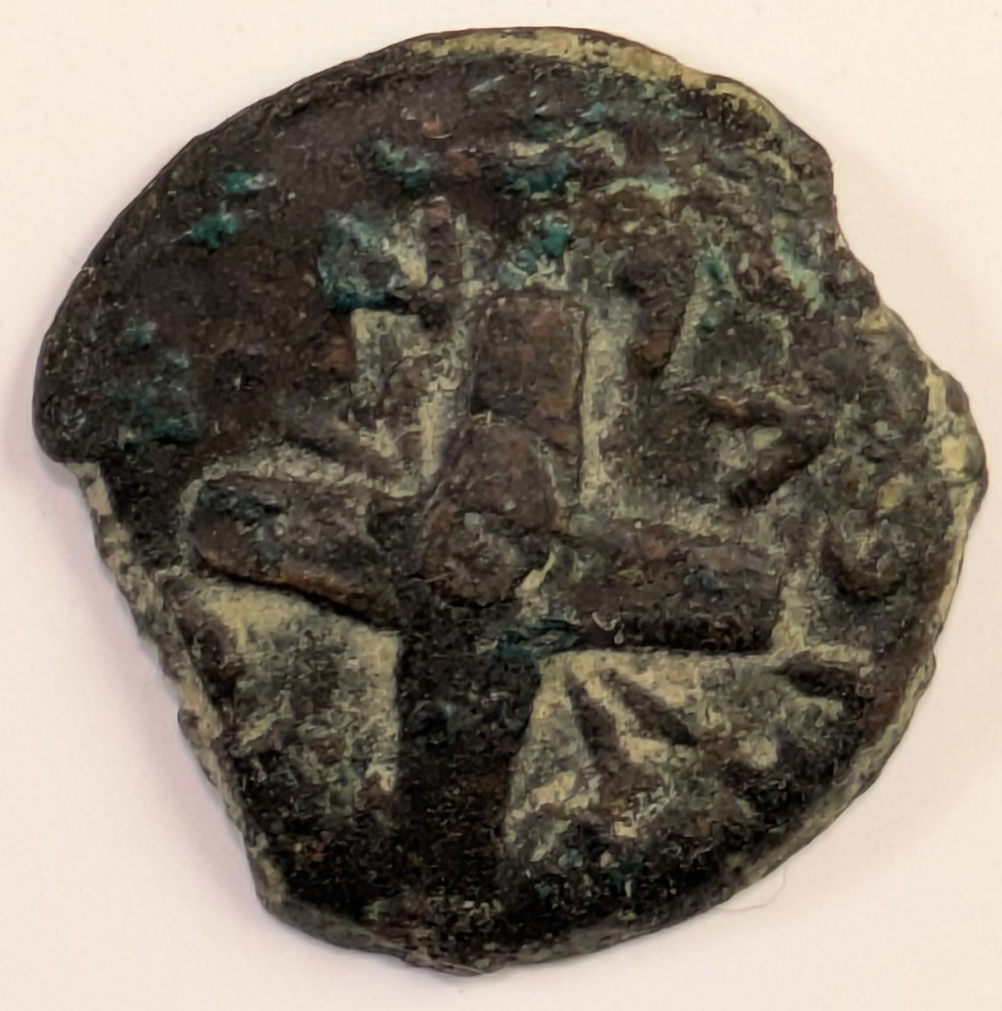 JUDAEA, Antoninus Felix, Procurator under Claudius ~ 52-59 AD ~ AE Prutah (2.66g) ~ Two oblong shields and two spears crossed ~ 6 branched palm tree, BPIT (for Britannicus, younger son of Claudius, LI△-1348, AJS-29 KAI = YEAR 14 ~ H-1348, AJC-29 ~ aVF