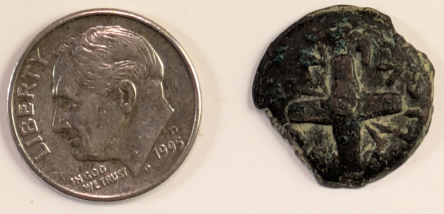 JUDAEA, Antoninus Felix, Procurator under Claudius ~ 52-59 AD ~ AE Prutah (2.66g) ~ Two oblong shields and two spears crossed ~ 6 branched palm tree, BPIT (for Britannicus, younger son of Claudius, LI△-1348, AJS-29 KAI = YEAR 14 ~ H-1348, AJC-29 ~ aVF