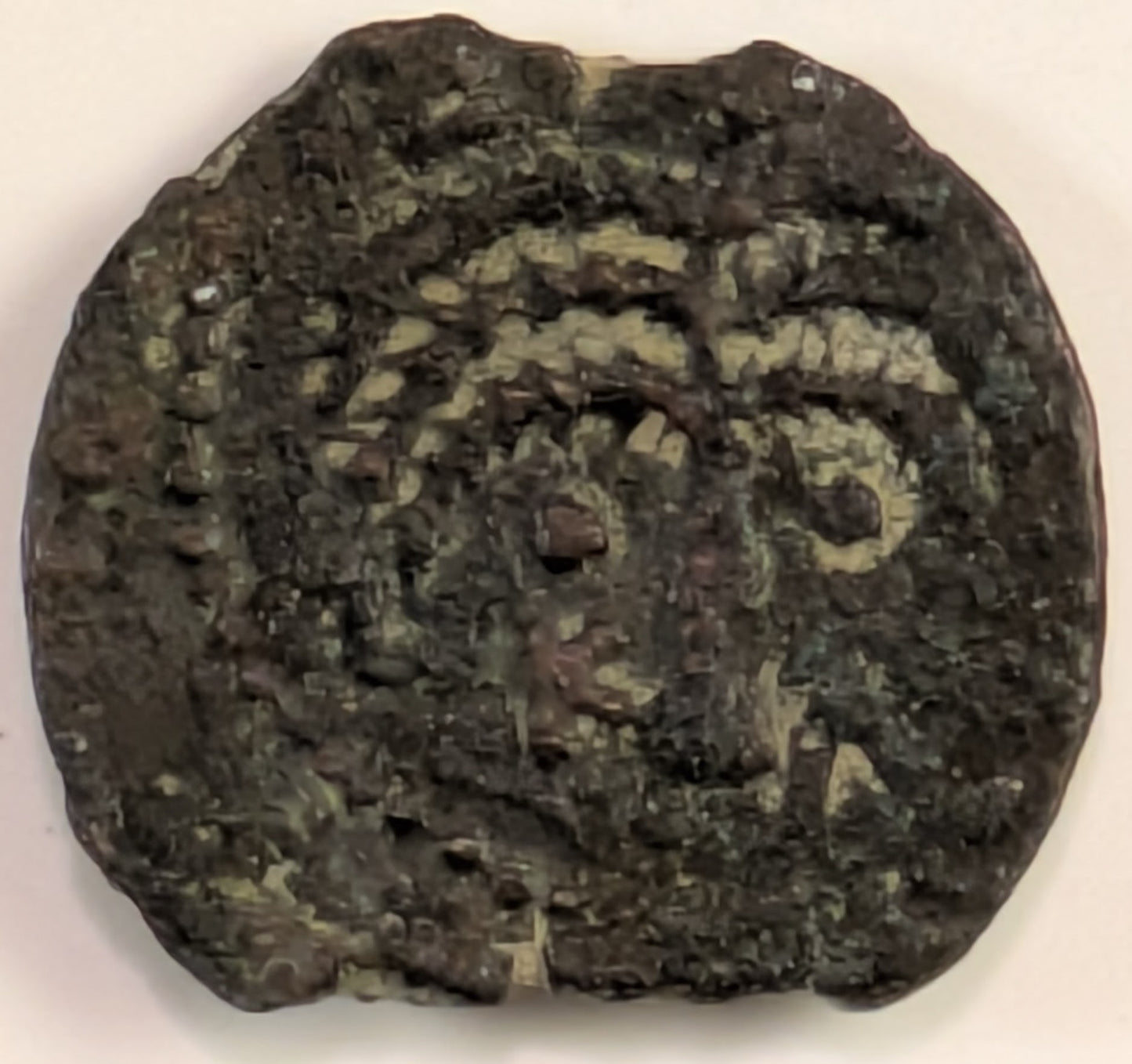 JUDAEA, Antoninus Felix, Procurator under Claudius ~ 52-59 AD ~ AE Prutah (2.66g) ~ Two oblong shields and two spears crossed ~ 6 branched palm tree, BPIT (for Britannicus, younger son of Claudius, LI△-1348, AJS-29 KAI = YEAR 14 ~ H-1348, AJC-29 ~ aVF