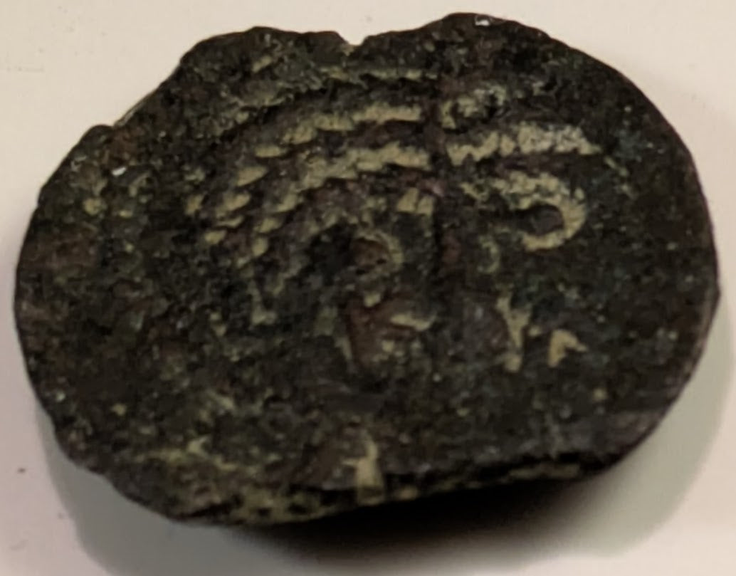 JUDAEA, Antoninus Felix, Procurator under Claudius ~ 52-59 AD ~ AE Prutah (2.66g) ~ Two oblong shields and two spears crossed ~ 6 branched palm tree, BPIT (for Britannicus, younger son of Claudius, LI△-1348, AJS-29 KAI = YEAR 14 ~ H-1348, AJC-29 ~ aVF