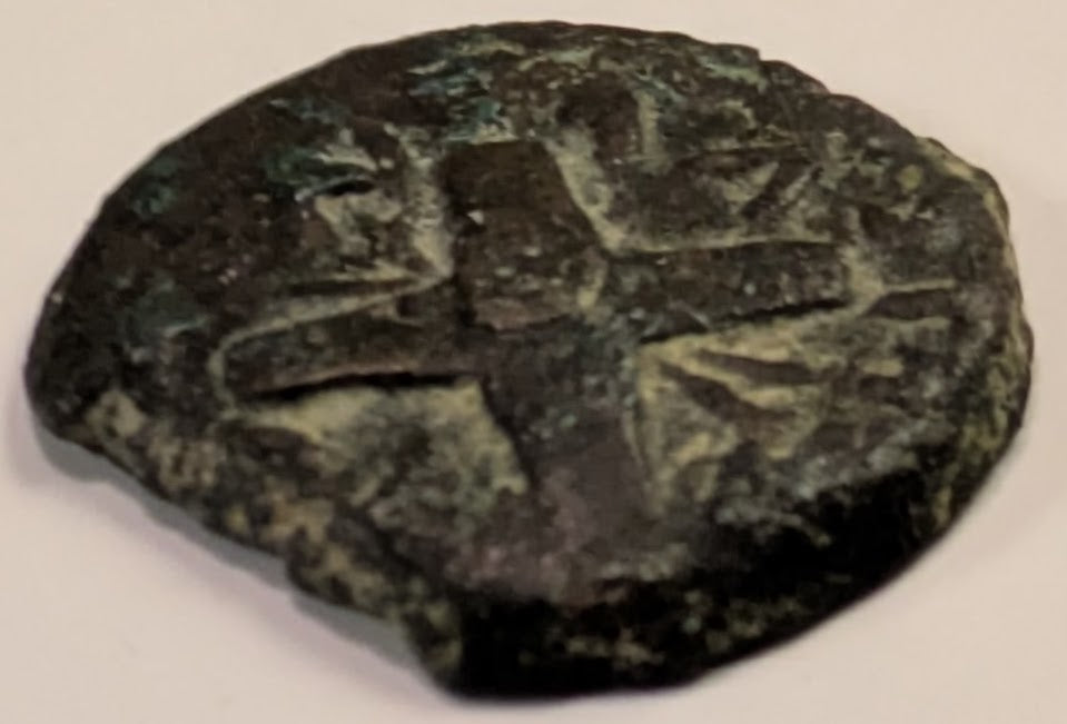 JUDAEA, Antoninus Felix, Procurator under Claudius ~ 52-59 AD ~ AE Prutah (2.66g) ~ Two oblong shields and two spears crossed ~ 6 branched palm tree, BPIT (for Britannicus, younger son of Claudius, LI△-1348, AJS-29 KAI = YEAR 14 ~ H-1348, AJC-29 ~ aVF